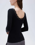 SUUKSESS Cloud Cashmere Women Lace Scoop Neck Tops Basic Long Sleeve Knit Shirts-SUUKSESS-SUUKSESS