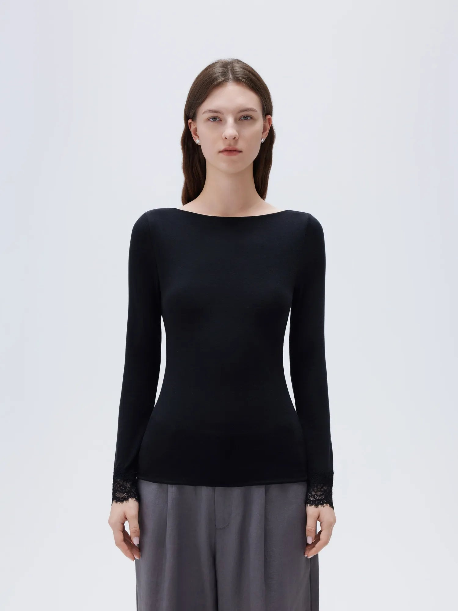 SUUKSESS Cloud Cashmere Women Lace Scoop Neck Tops Basic Long Sleeve Knit Shirts-SUUKSESS-SUUKSESS