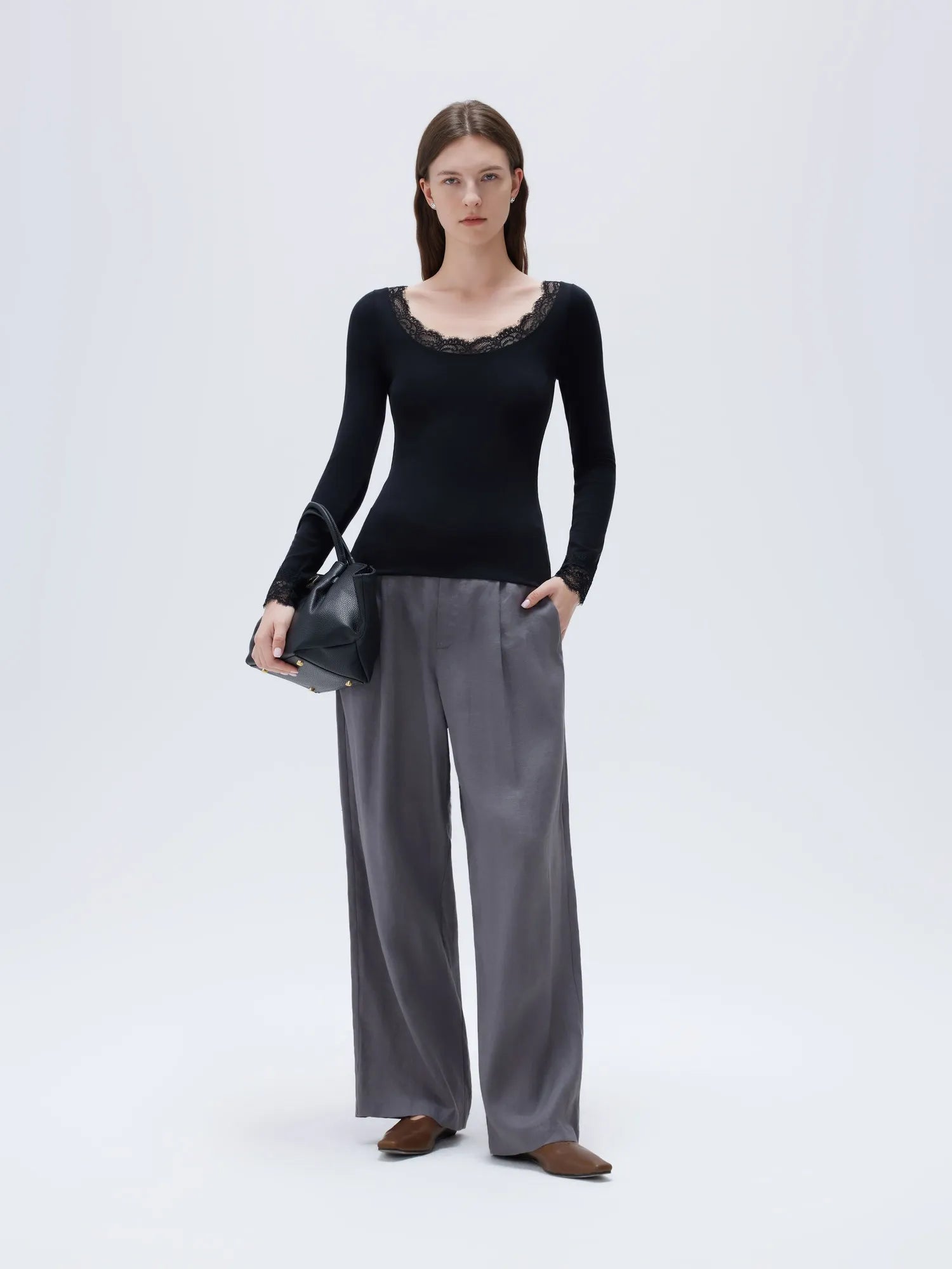 SUUKSESS Cloud Cashmere Women Lace Scoop Neck Tops Basic Long Sleeve Knit Shirts-SUUKSESS-SUUKSESS