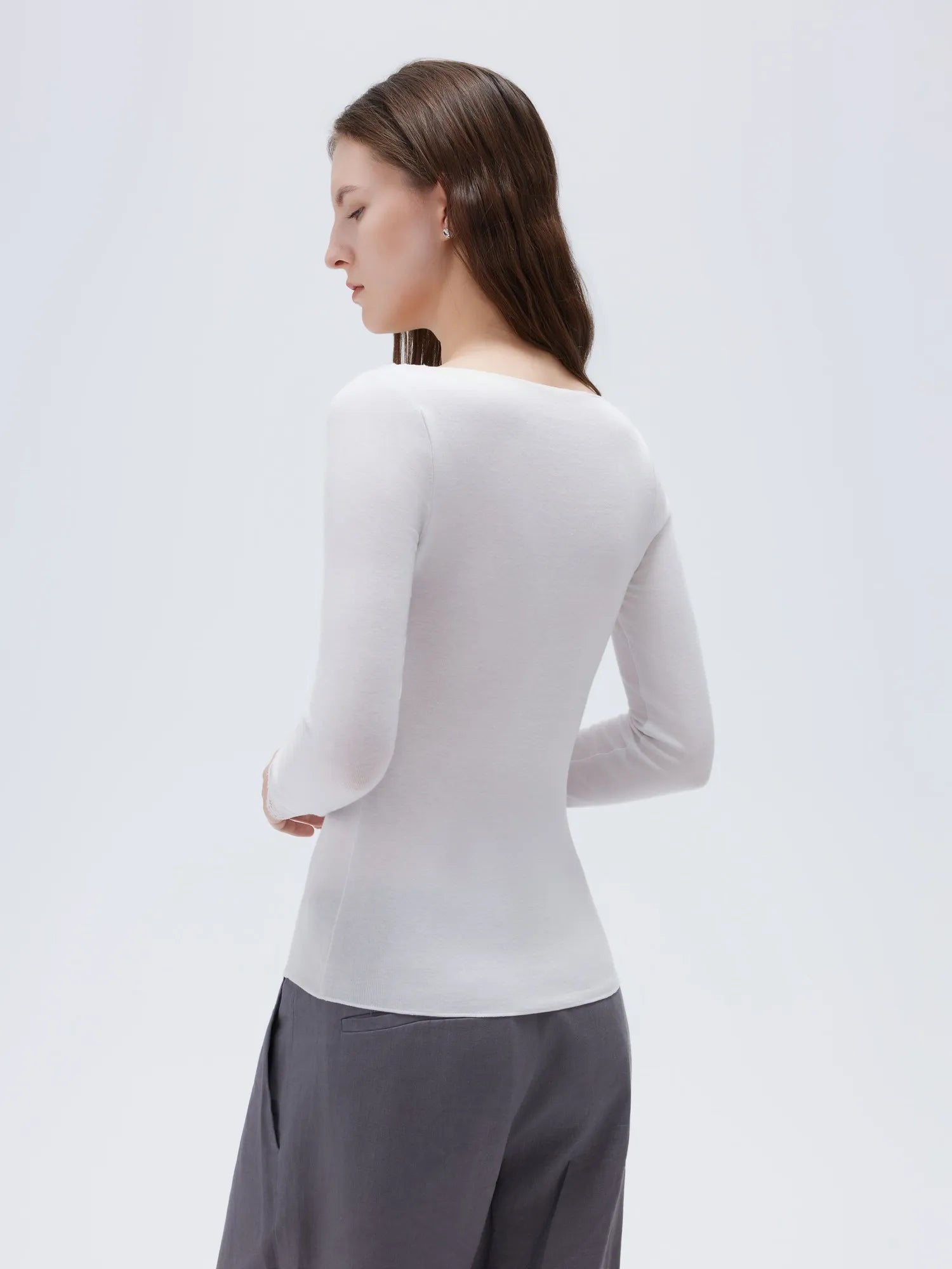 SUUKSESS Cloud Cashmere Women Lace Scoop Neck Tops Basic Long Sleeve Knit Shirts-SUUKSESS-SUUKSESS