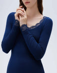 SUUKSESS Cloud Cashmere Women Lace Scoop Neck Tops Basic Long Sleeve Knit Shirts-SUUKSESS-SUUKSESS
