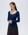 SUUKSESS Cloud Cashmere Women Lace Scoop Neck Tops Basic Long Sleeve Knit Shirts-SUUKSESS-SUUKSESS
