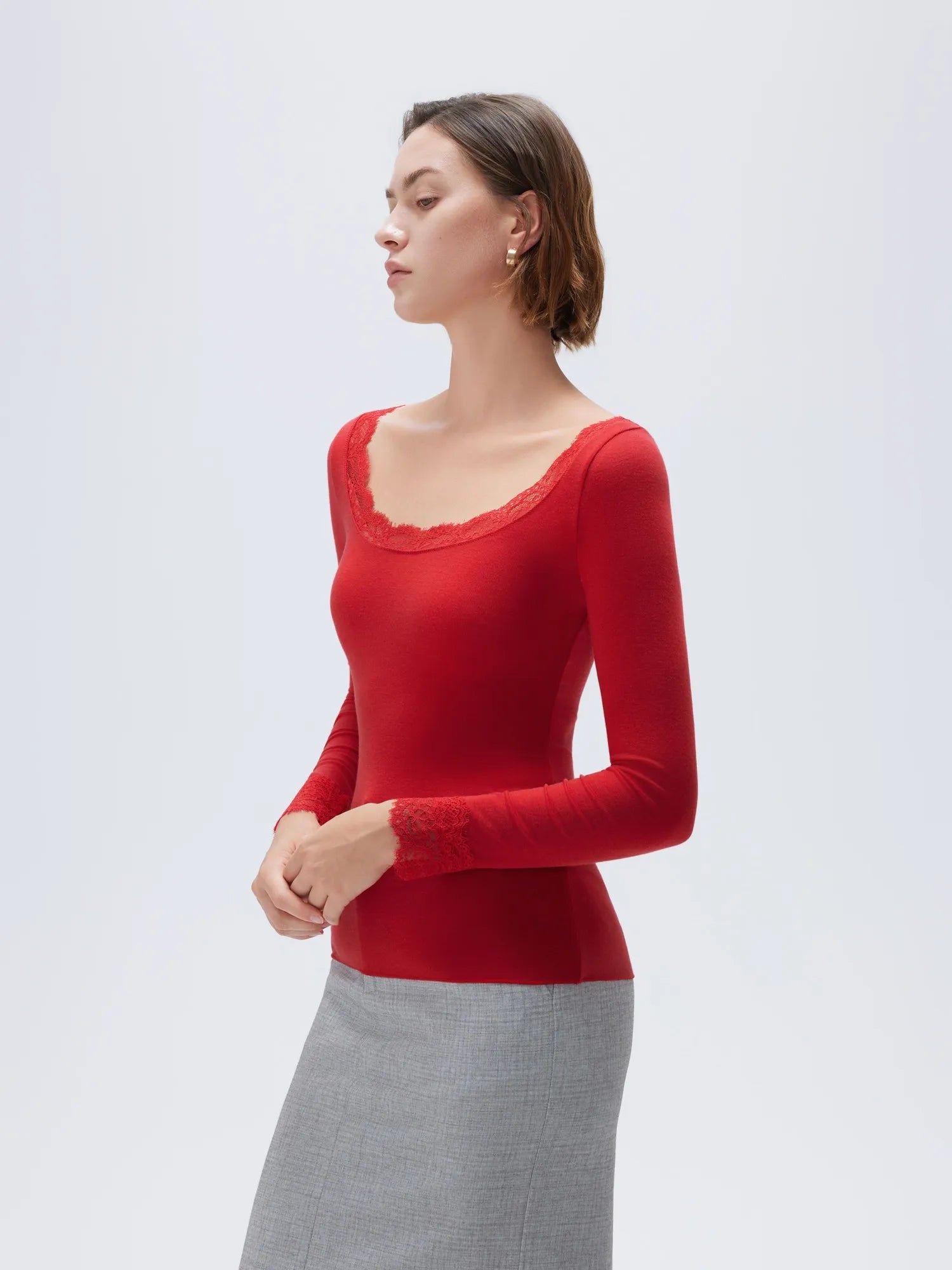 SUUKSESS Cloud Cashmere Women Lace Scoop Neck Tops Basic Long Sleeve Knit Shirts-SUUKSESS-SUUKSESS