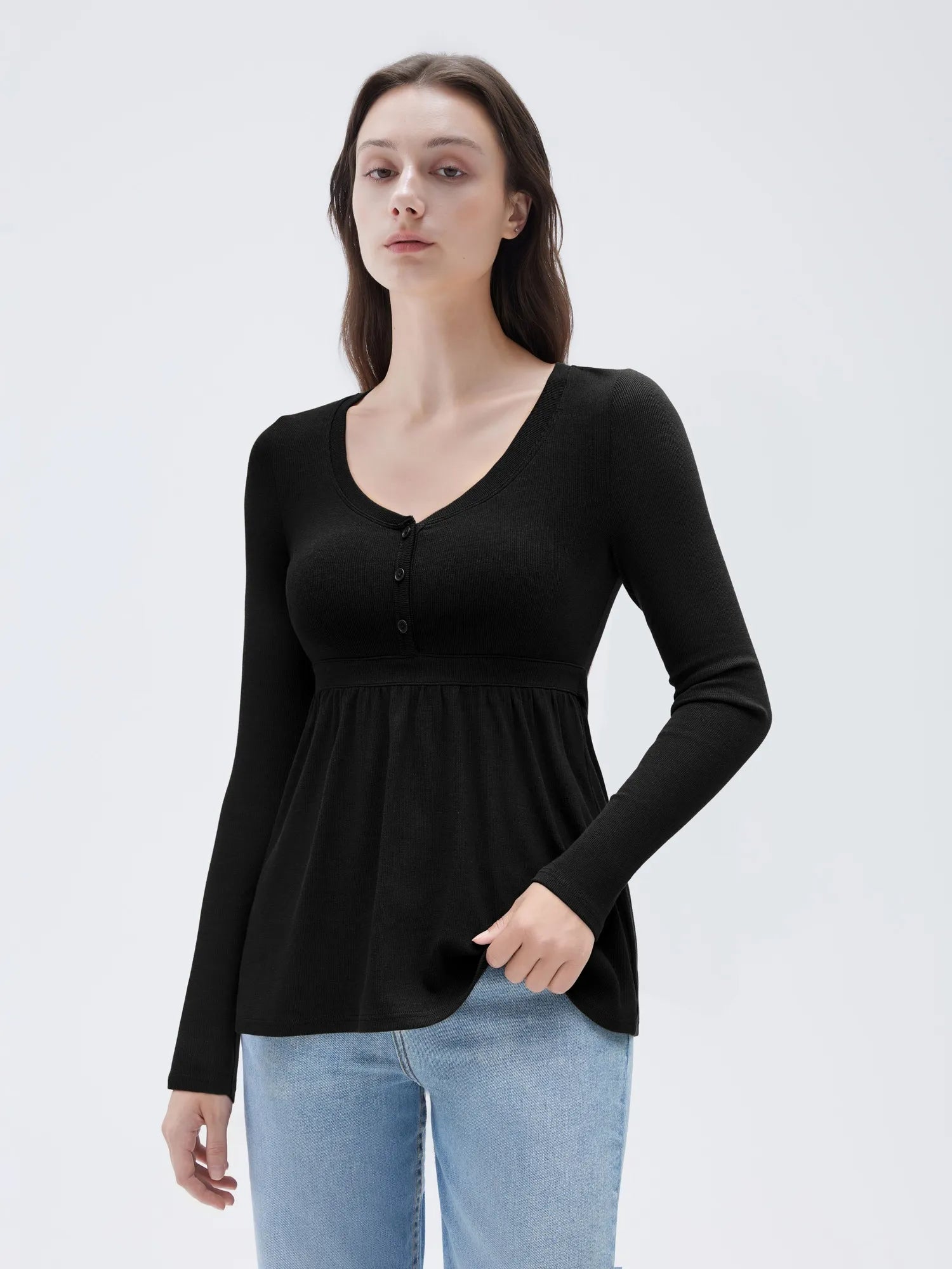 SUUKSESS Women Peplum Babydoll Tops Ribbed Long Sleeve Tunic Going Out Blouses-SUUKSESS-SUUKSESS