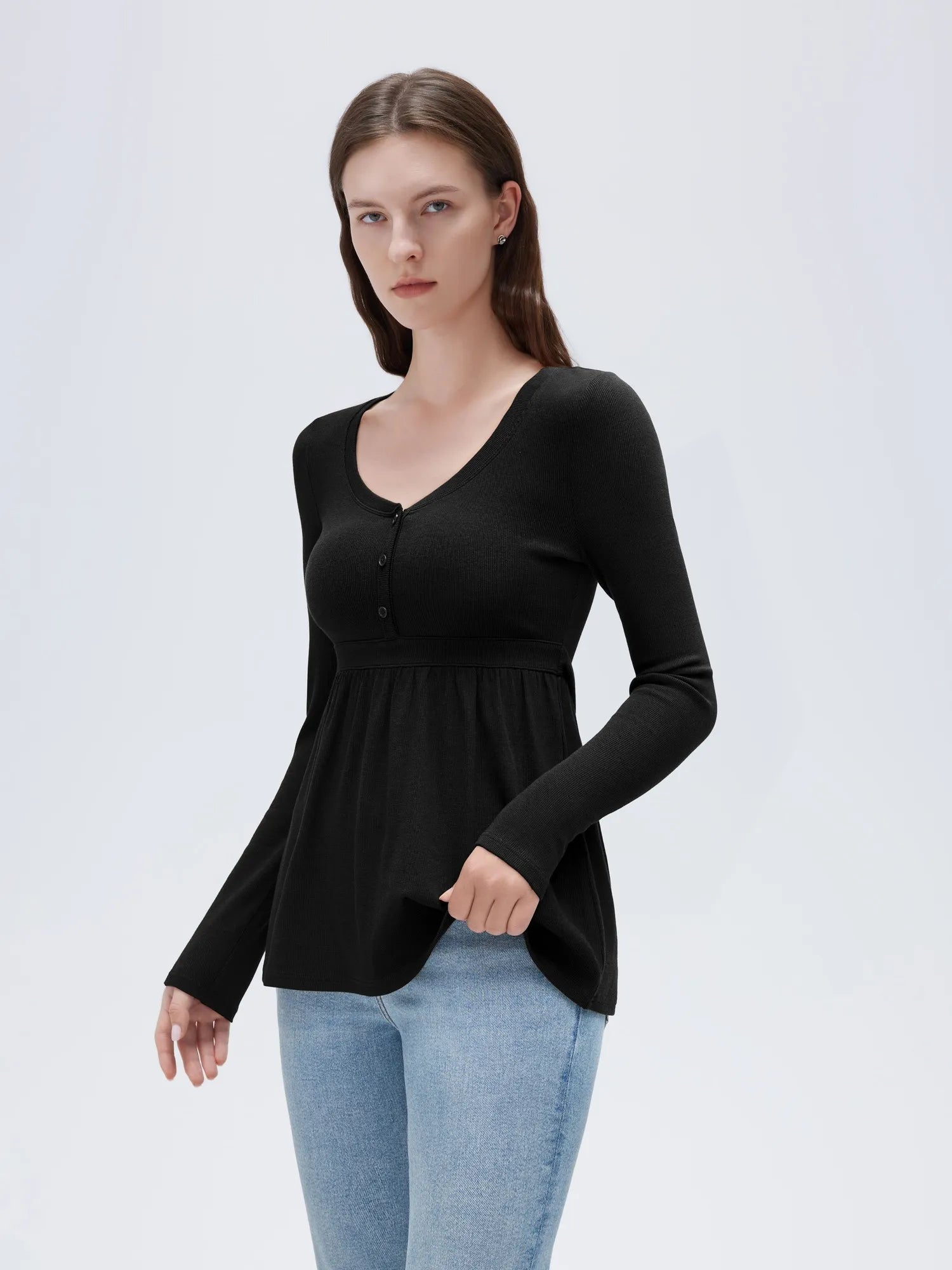 SUUKSESS Women Peplum Babydoll Tops Ribbed Long Sleeve Tunic Going Out Blouses-SUUKSESS-SUUKSESS