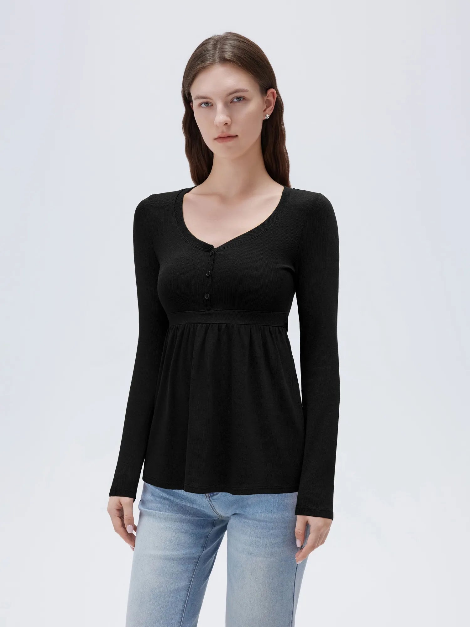 SUUKSESS Women Peplum Babydoll Tops Ribbed Long Sleeve Tunic Going Out Blouses-SUUKSESS-SUUKSESS