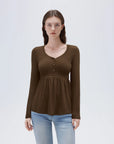 SUUKSESS Women Peplum Babydoll Tops Ribbed Long Sleeve Tunic Going Out Blouses-SUUKSESS-Coffee-XS-SUUKSESS