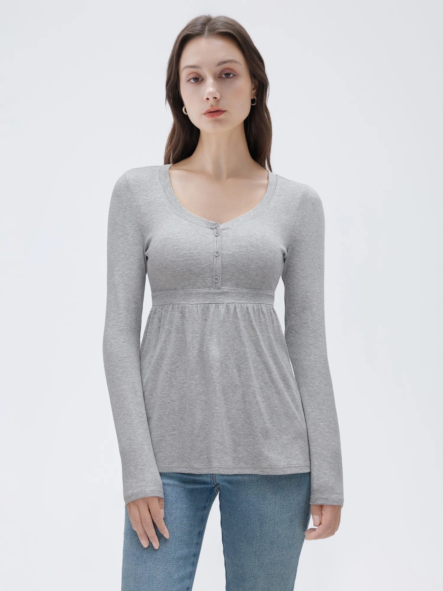 SUUKSESS Women Peplum Babydoll Tops Ribbed Long Sleeve Tunic Going Out Blouses-SUUKSESS-Light Grey-XS-SUUKSESS