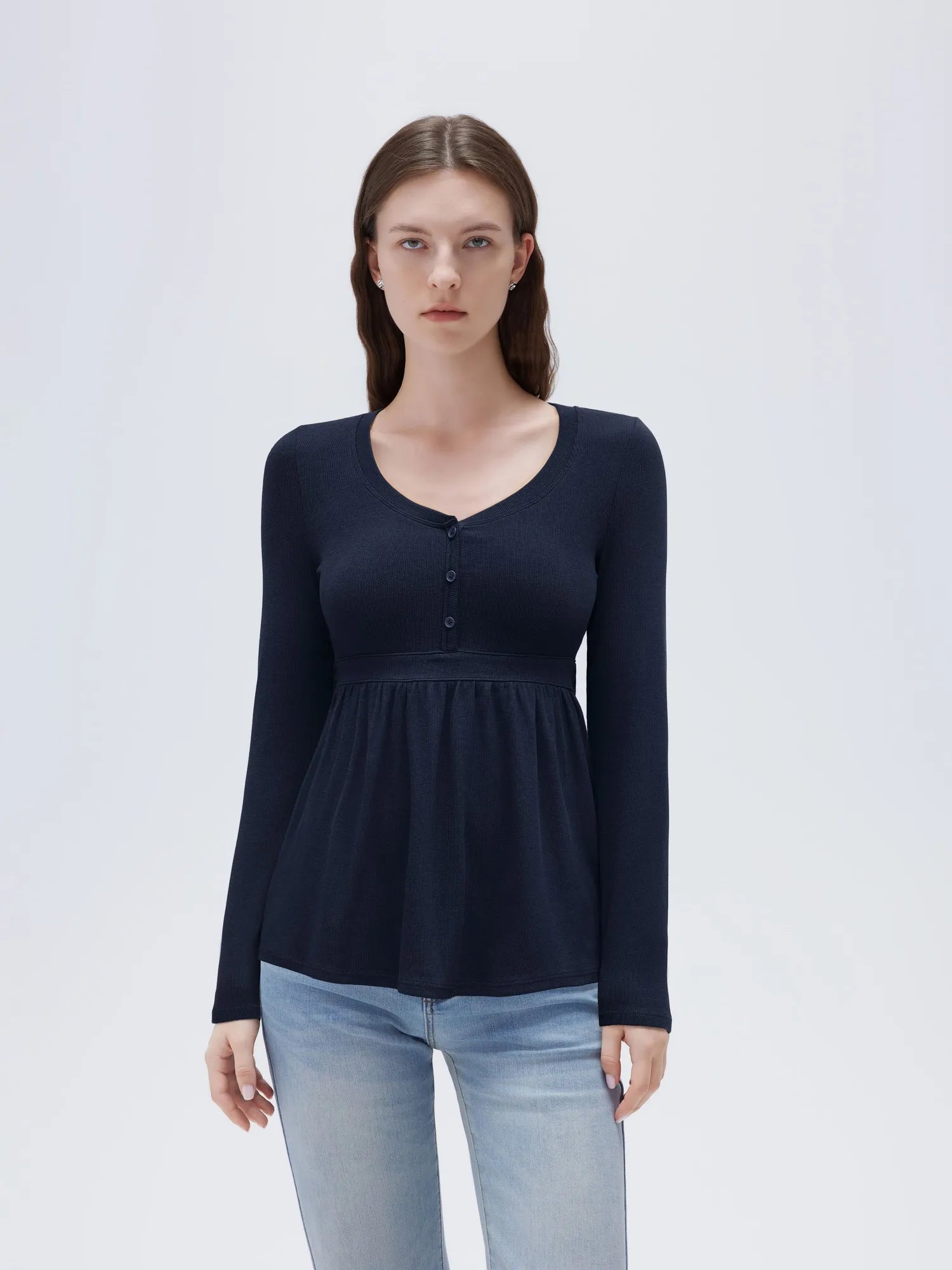 SUUKSESS Women Peplum Babydoll Tops Ribbed Long Sleeve Tunic Going Out Blouses-SUUKSESS-Navy-XS-SUUKSESS
