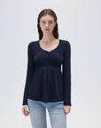 SUUKSESS Women Peplum Babydoll Tops Ribbed Long Sleeve Tunic Going Out Blouses-SUUKSESS-Navy-XS-SUUKSESS