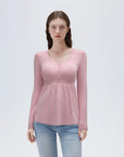 SUUKSESS Women Peplum Babydoll Tops Ribbed Long Sleeve Tunic Going Out Blouses-SUUKSESS-Pink-XS-SUUKSESS