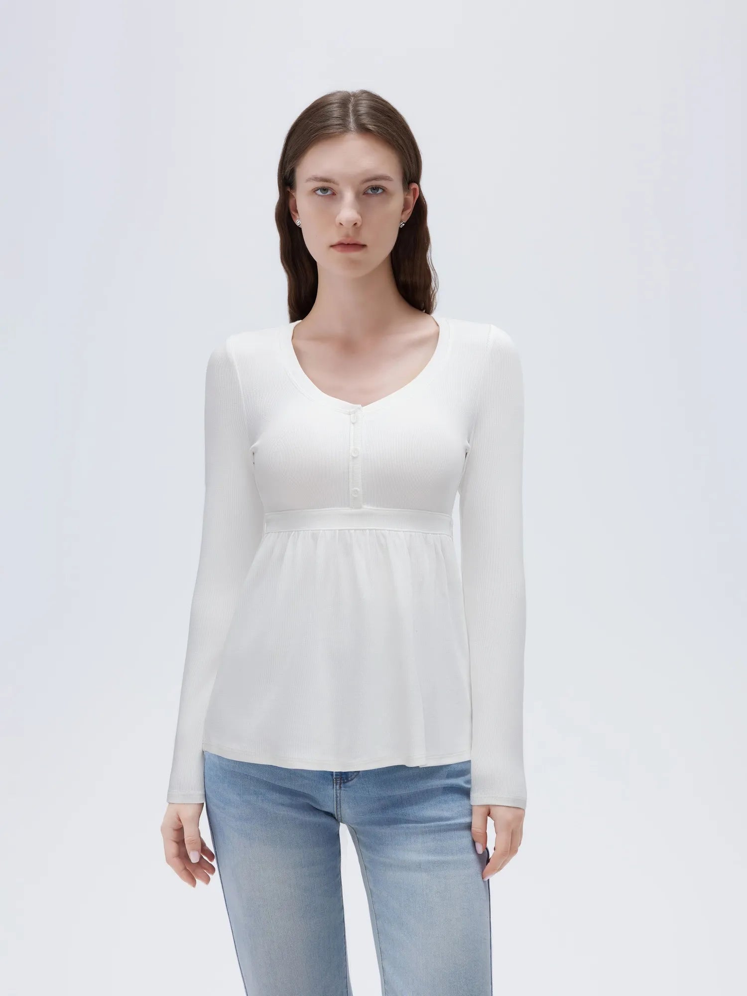 SUUKSESS Women Peplum Babydoll Tops Ribbed Long Sleeve Tunic Going Out Blouses-SUUKSESS-White-XS-SUUKSESS