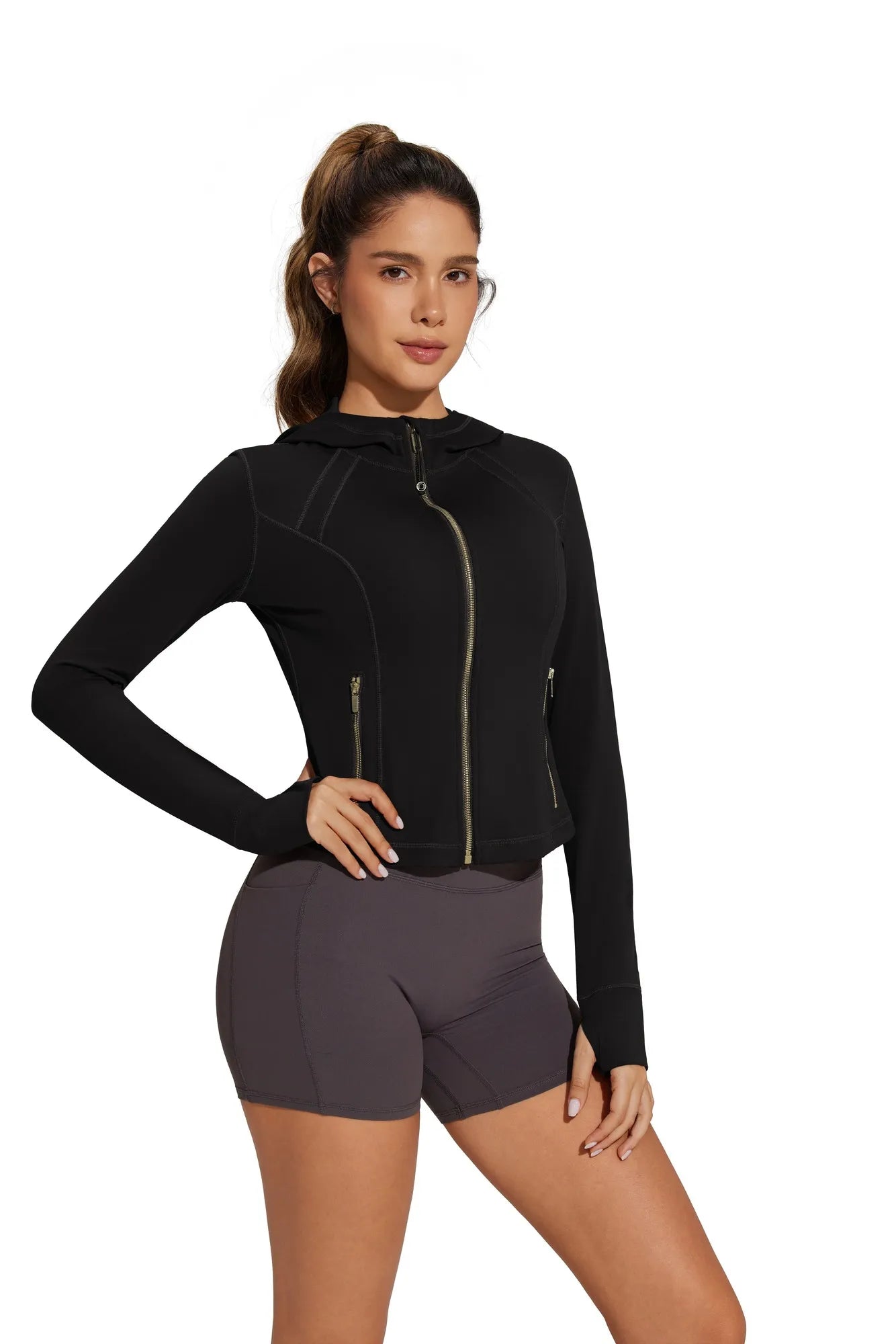 Golden Zip Up Athletic Tops Workout Jackets-SUUKSESS-SUUKSESS