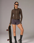Golden Zip Up Athletic Tops Workout Jackets-SUUKSESS-Brown-XS-SUUKSESS