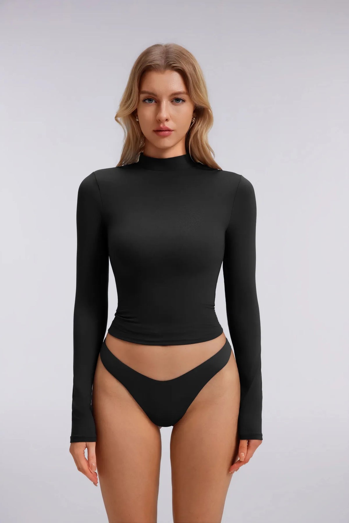 Mock Neck Double Layer Tops - Long Sleeve