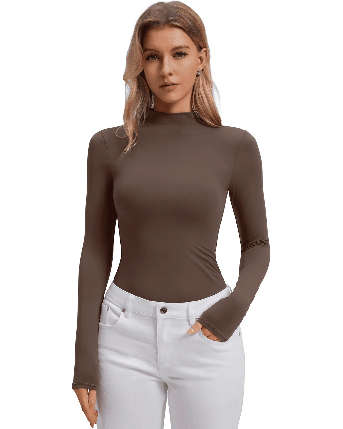 Mock Neck Double Layer Tops - Long Sleeve