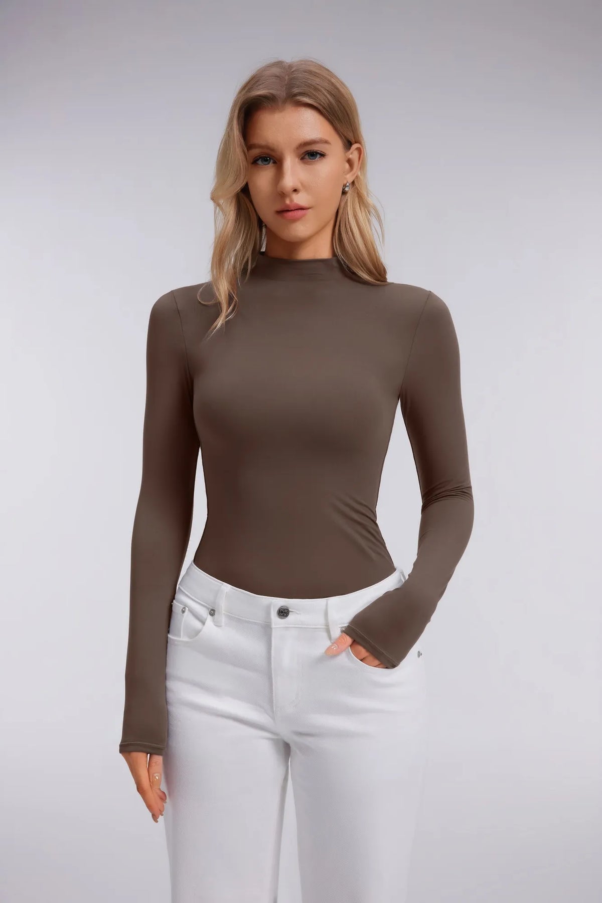 Mock Neck Double Layer Tops - Long Sleeve