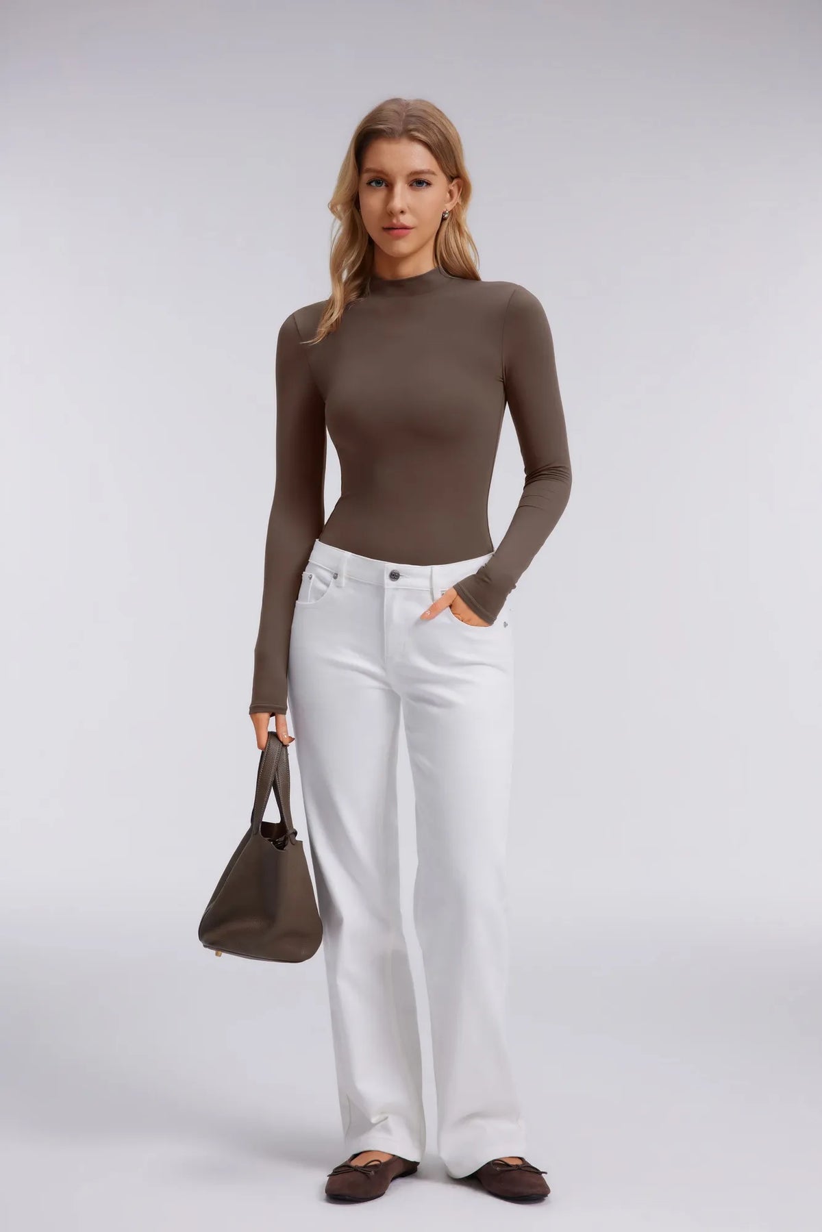 Mock Neck Double Layer Tops - Long Sleeve