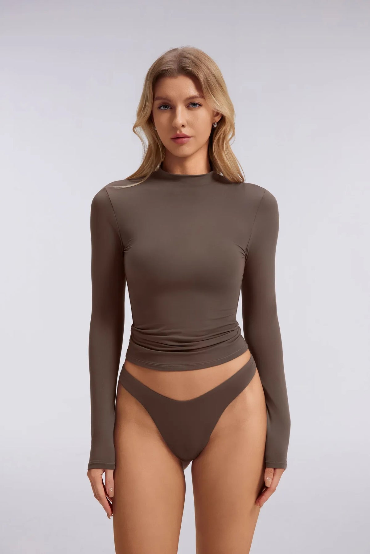 Mock Neck Double Layer Tops - Long Sleeve