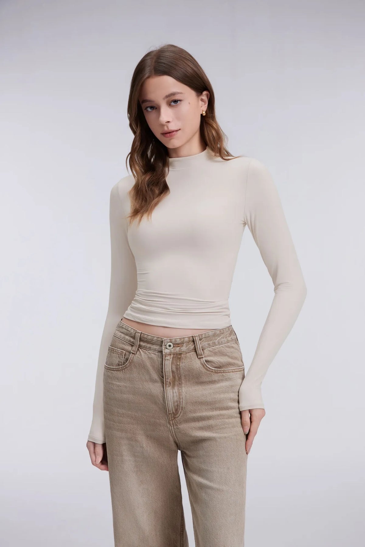 Mock Neck Double Layer Tops - Long Sleeve