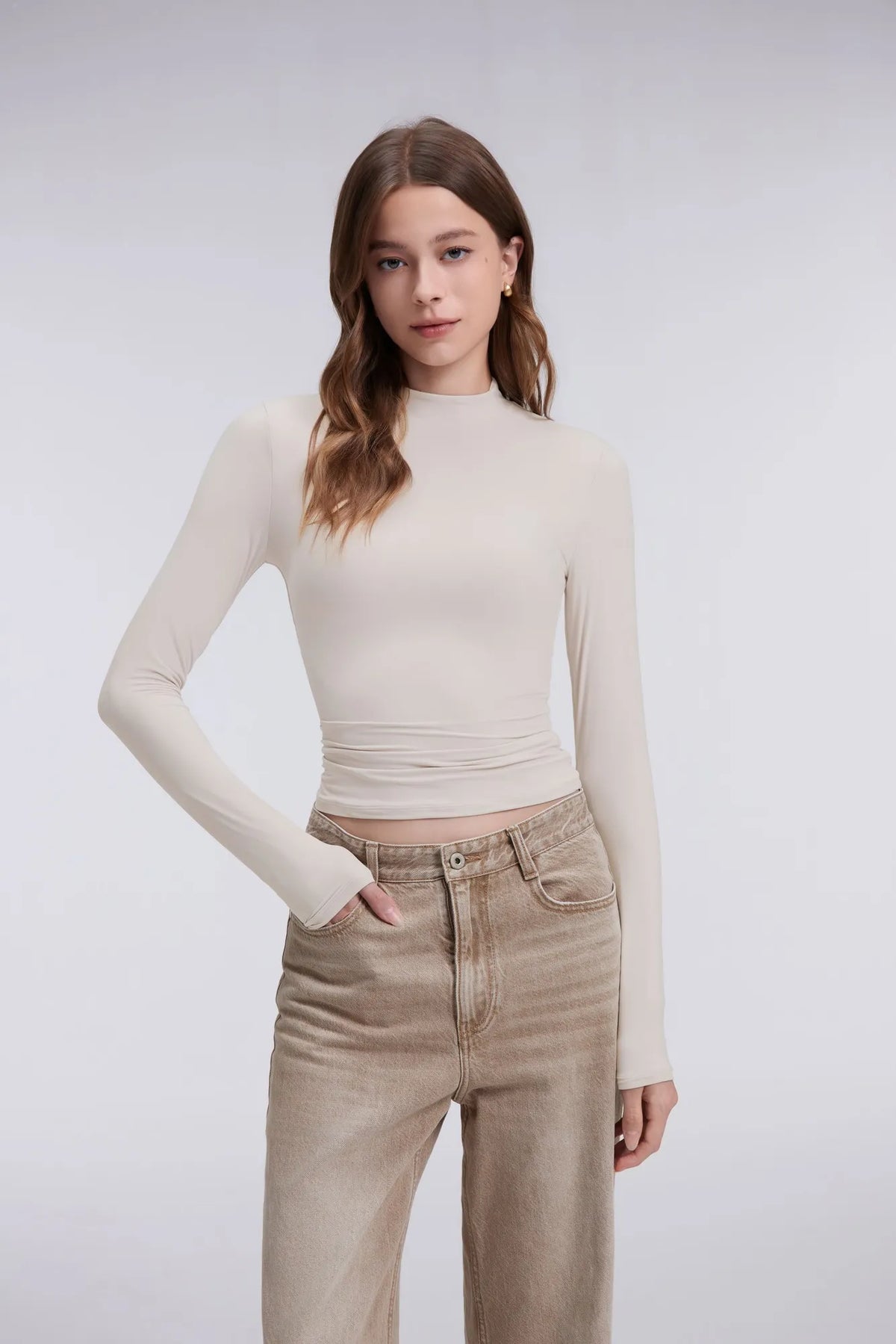 Mock Neck Double Layer Tops - Long Sleeve