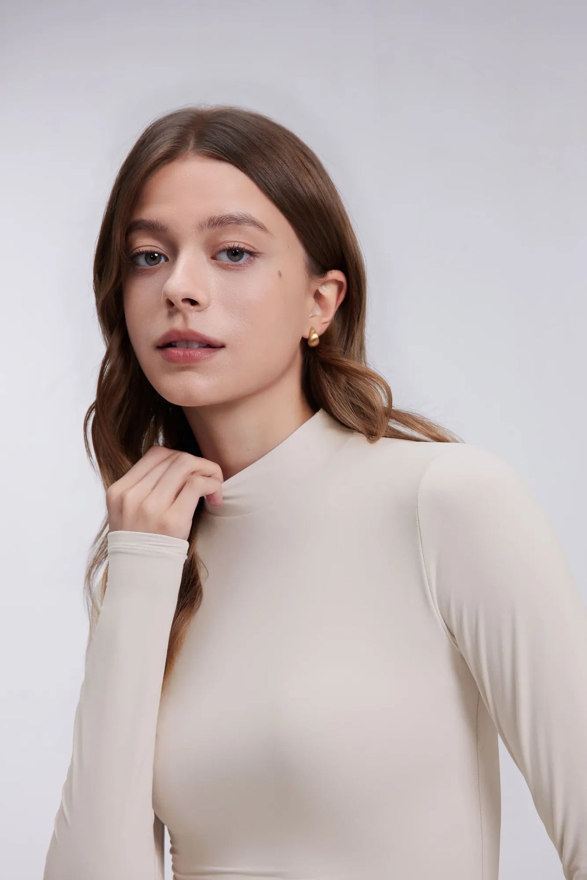 Mock Neck Double Layer Tops - Long Sleeve