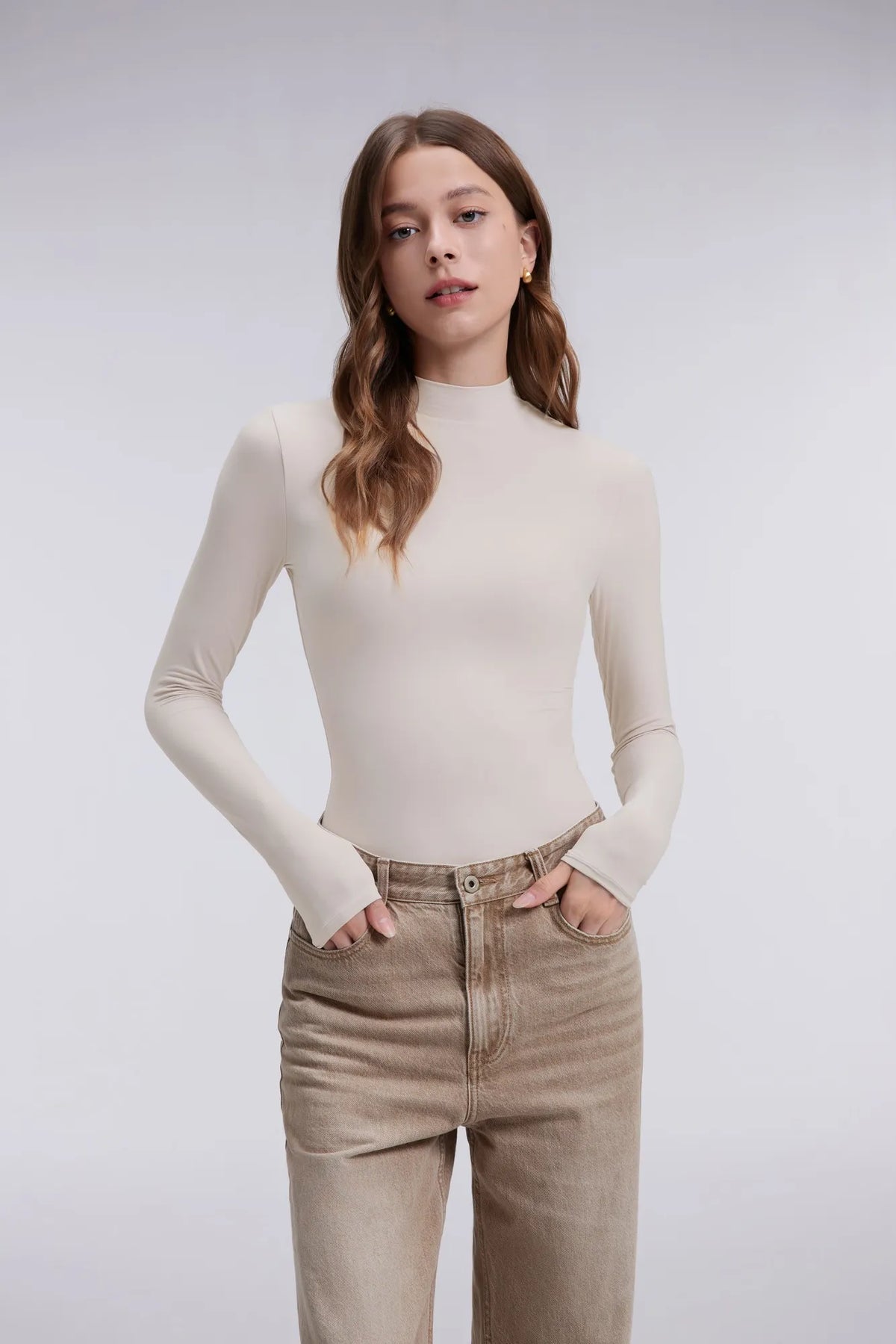 Mock Neck Double Layer Tops - Long Sleeve