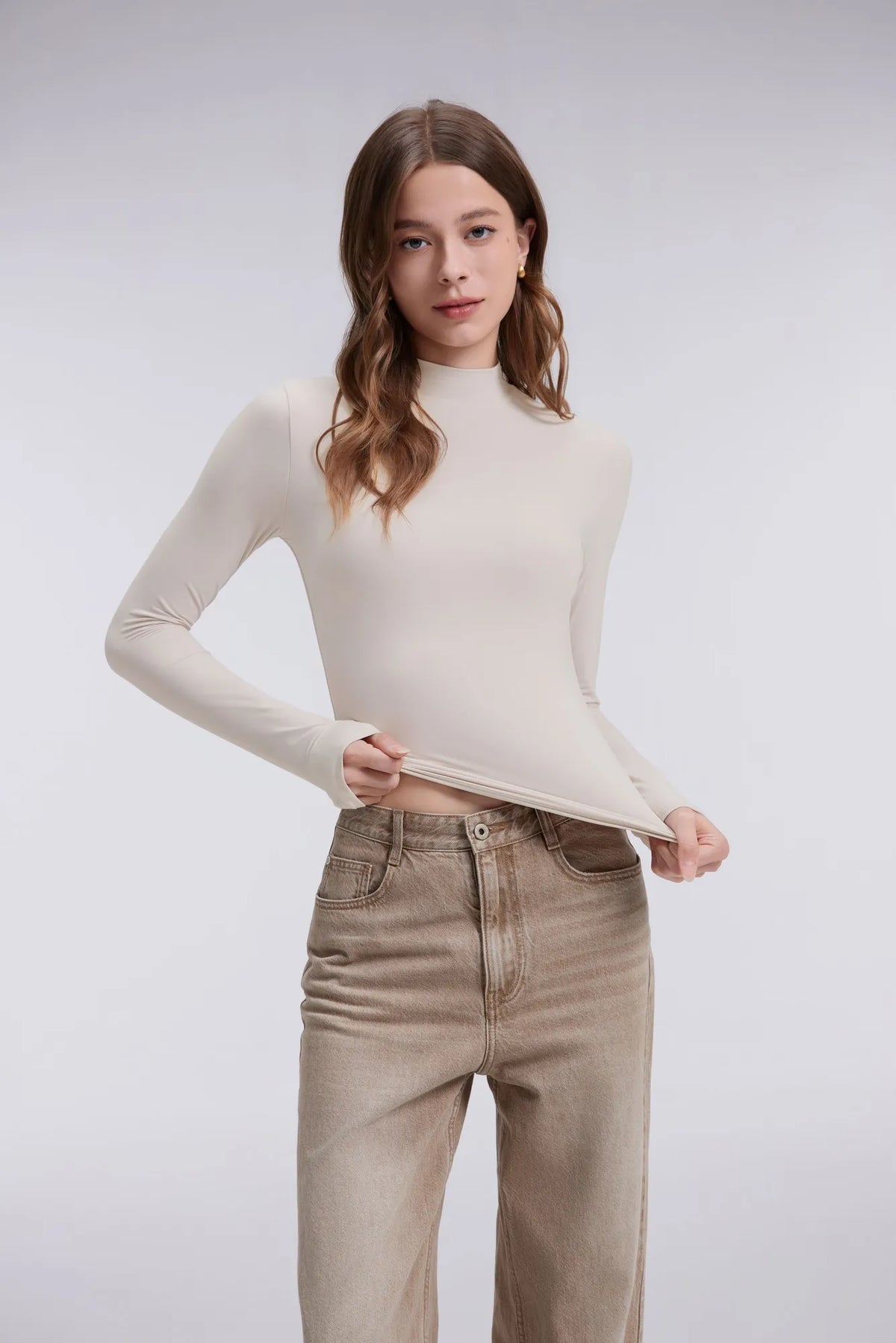 Mock Neck Double Layer Tops - Long Sleeve