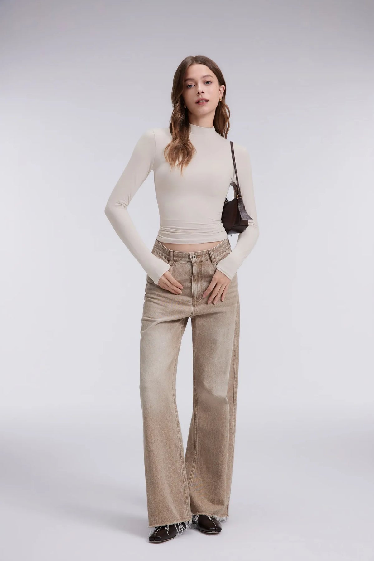Mock Neck Double Layer Tops - Long Sleeve