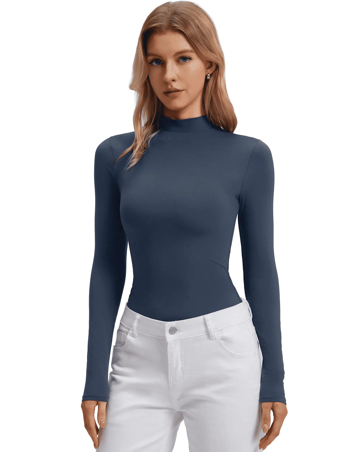 Mock Neck Double Layer Tops - Long Sleeve