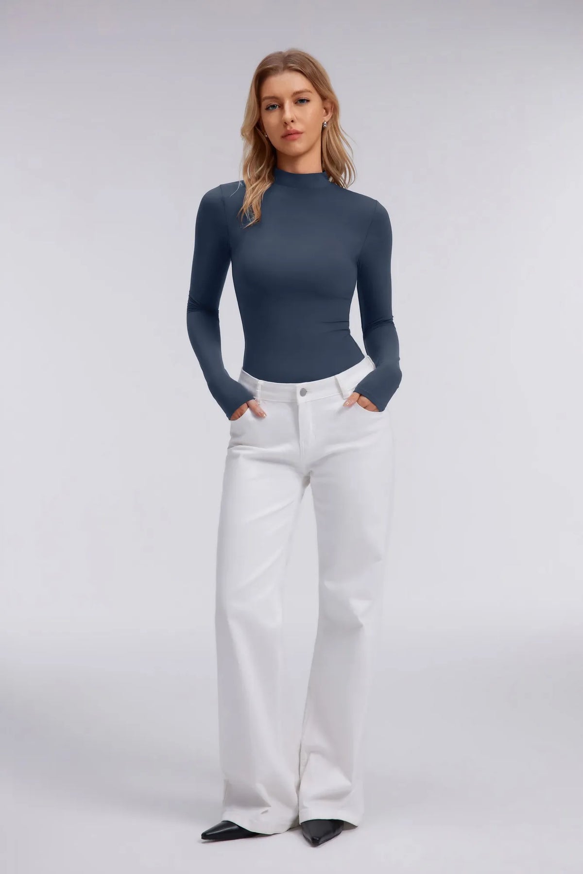 Mock Neck Double Layer Tops - Long Sleeve