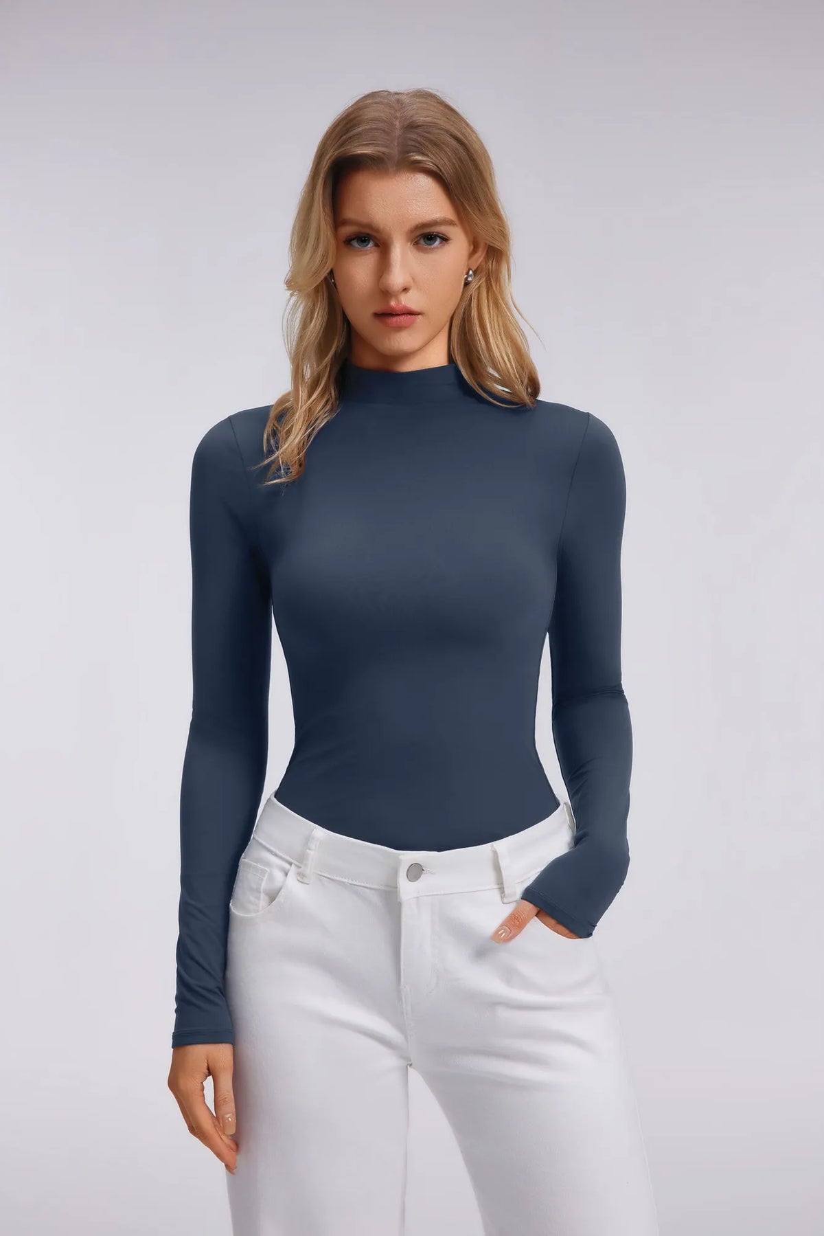Mock Neck Double Layer Tops - Long Sleeve
