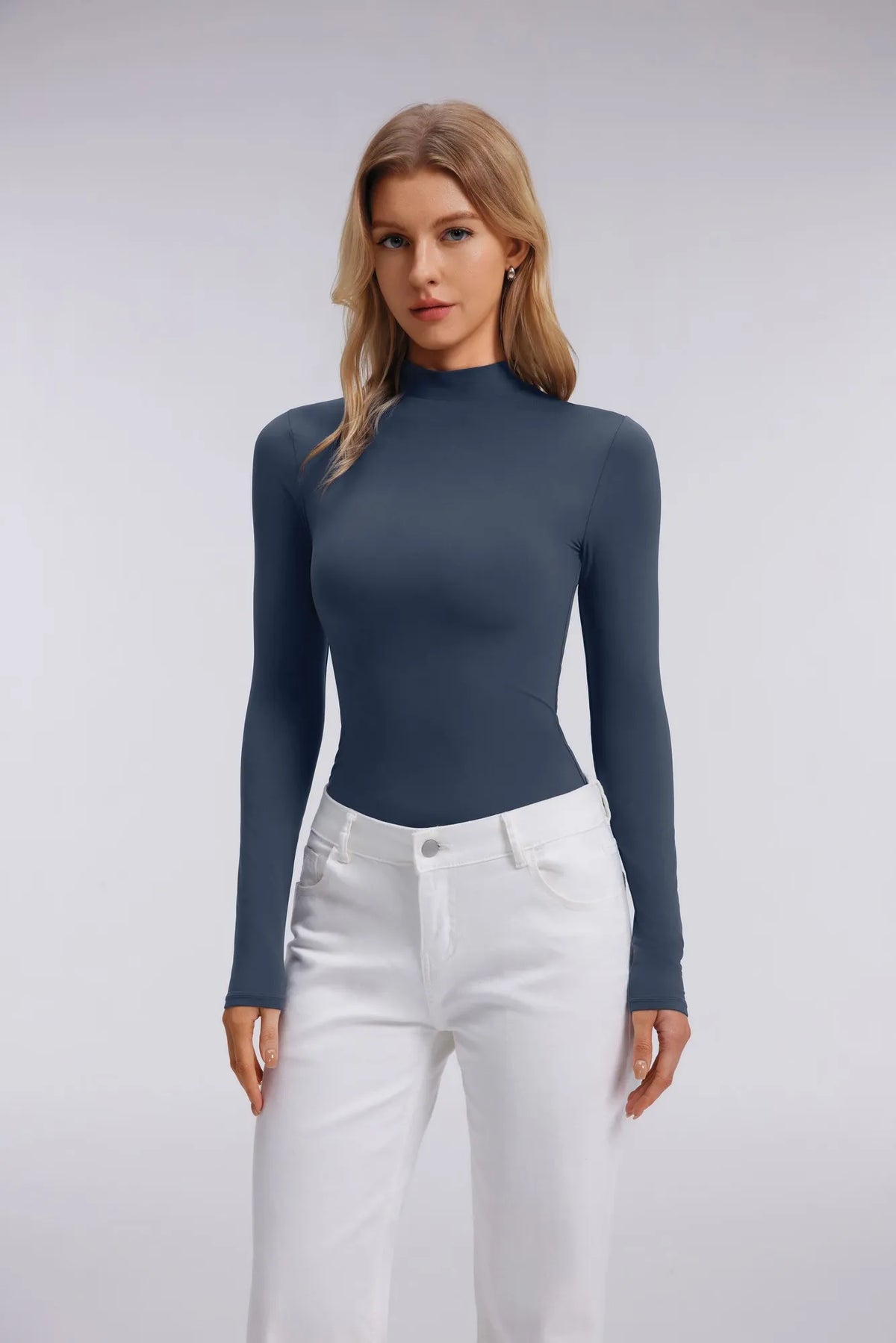 Mock Neck Double Layer Tops - Long Sleeve