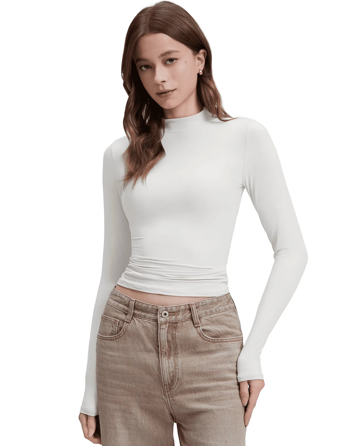 Mock Neck Double Layer Tops - Long Sleeve