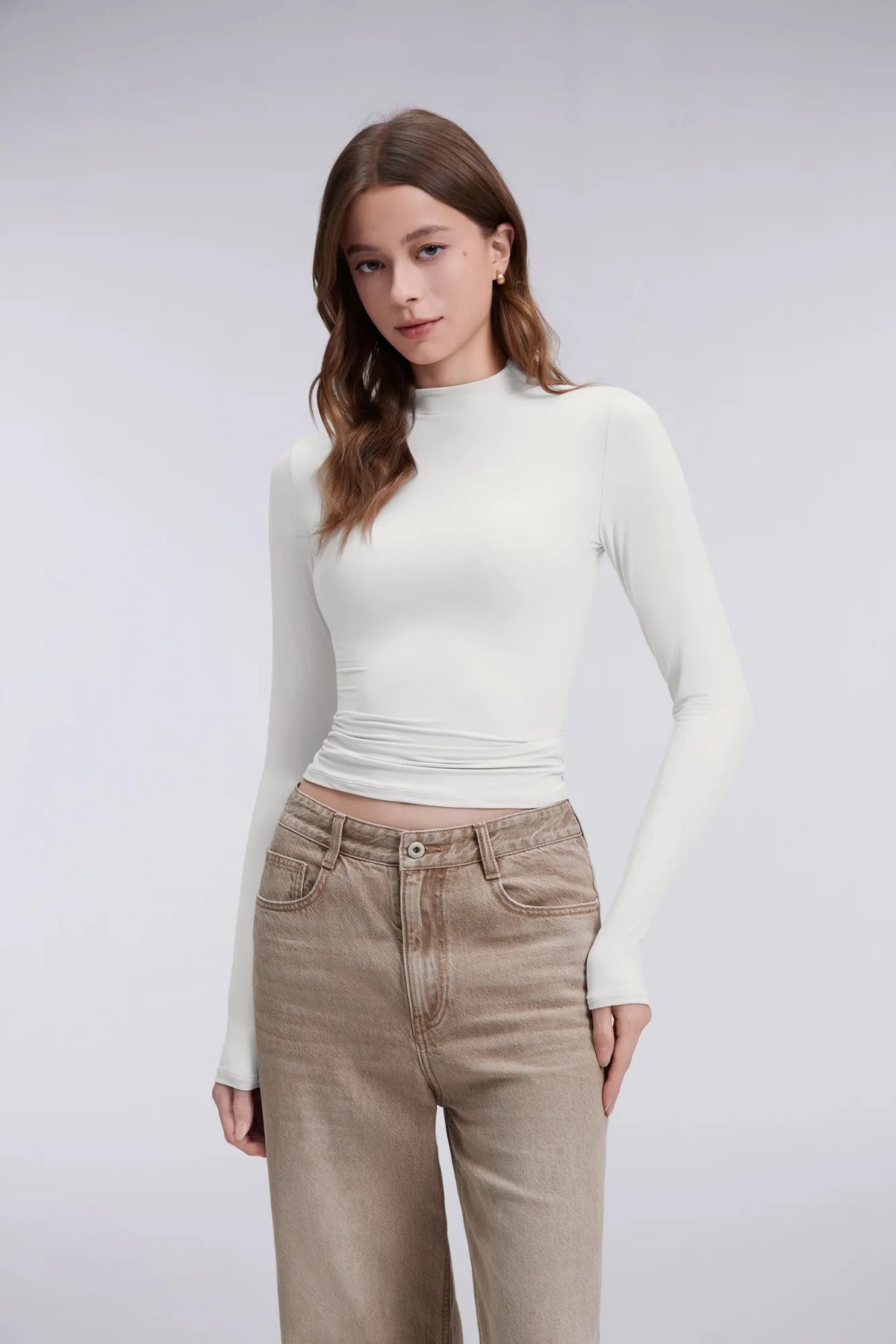 Mock Neck Double Layer Tops - Long Sleeve