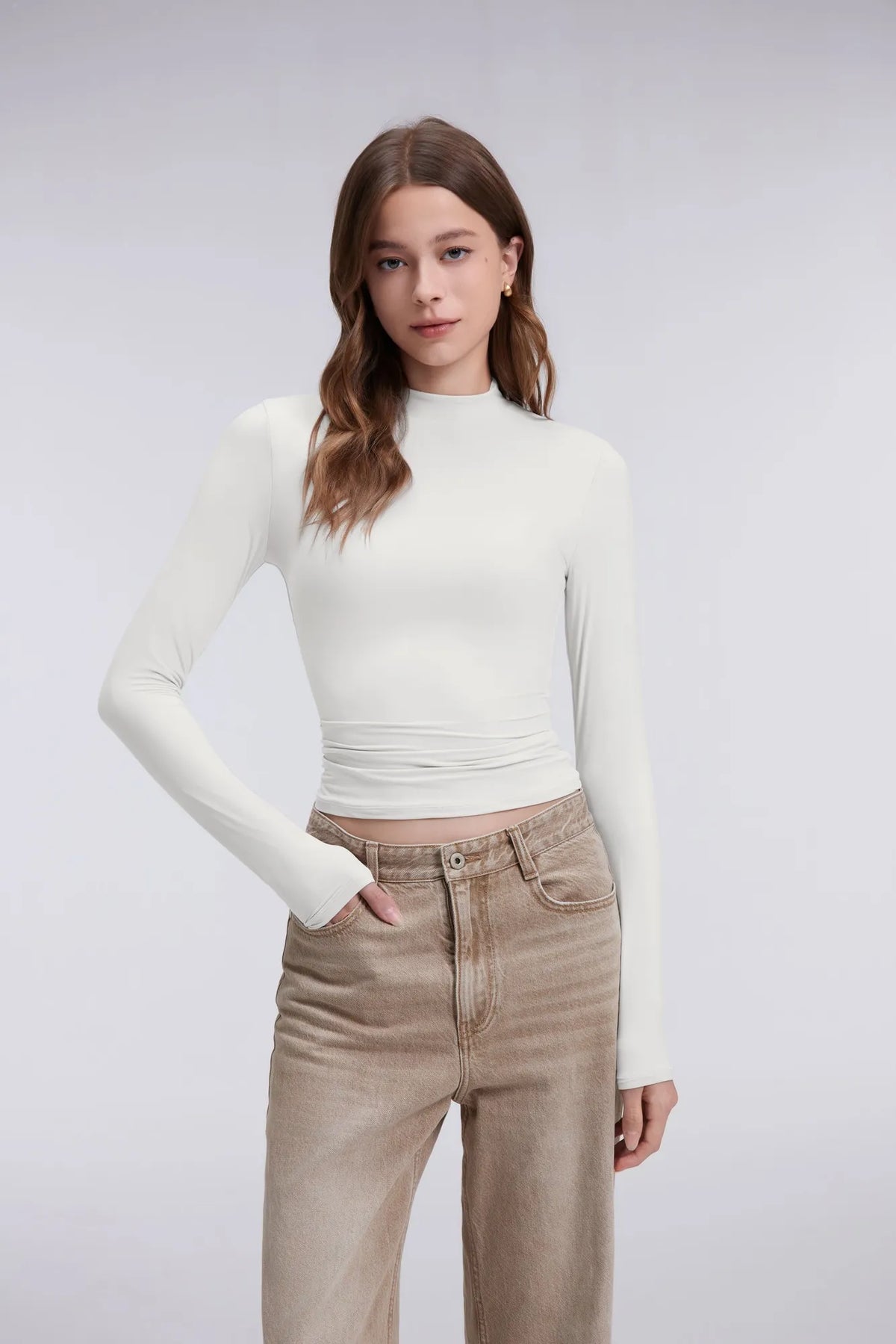 Mock Neck Double Layer Tops - Long Sleeve