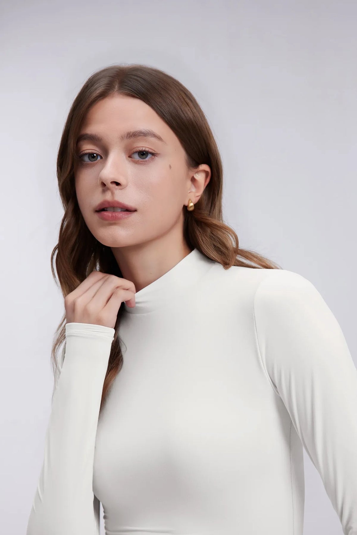 Mock Neck Double Layer Tops - Long Sleeve