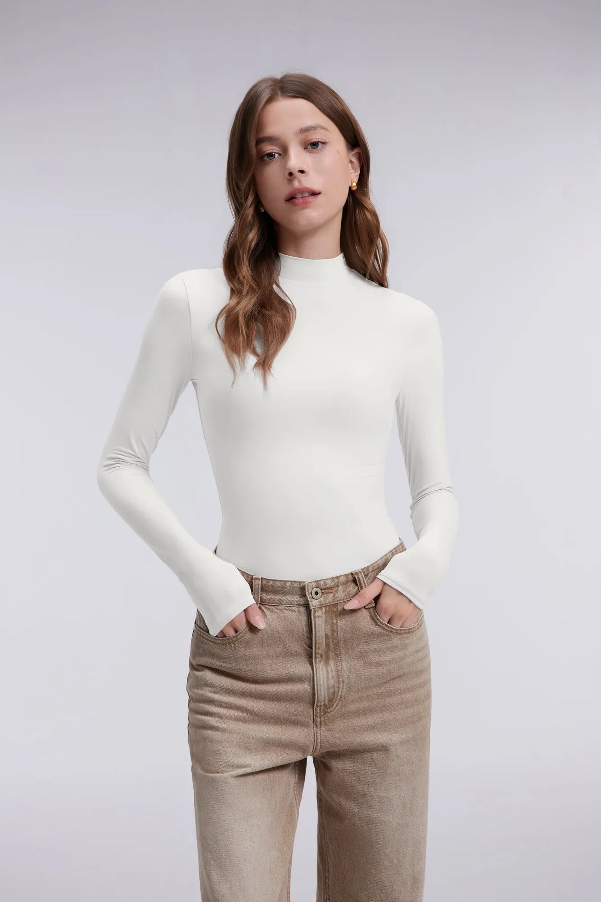 Mock Neck Double Layer Tops - Long Sleeve