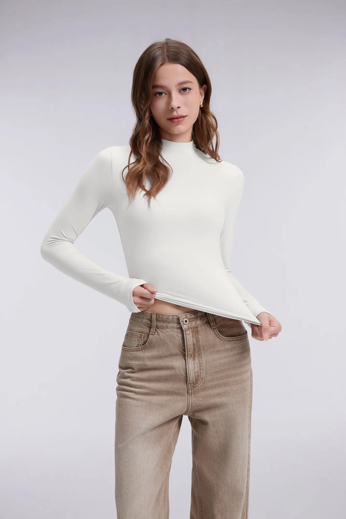 Mock Neck Double Layer Tops - Long Sleeve