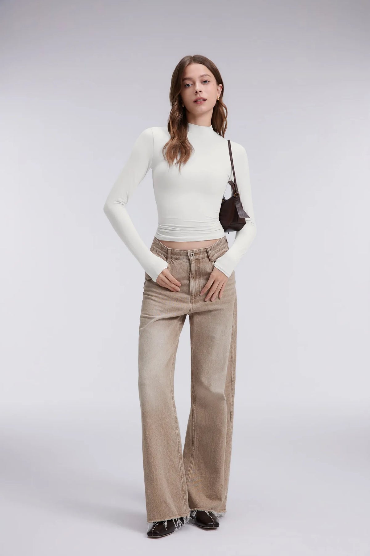 Mock Neck Double Layer Tops - Long Sleeve