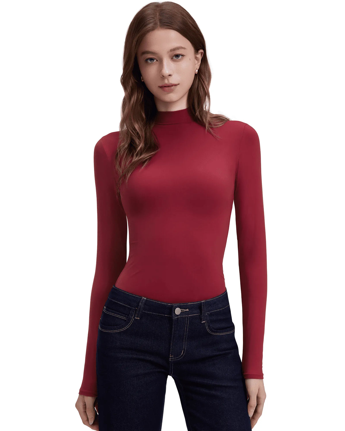 Mock Neck Double Layer Tops - Long Sleeve