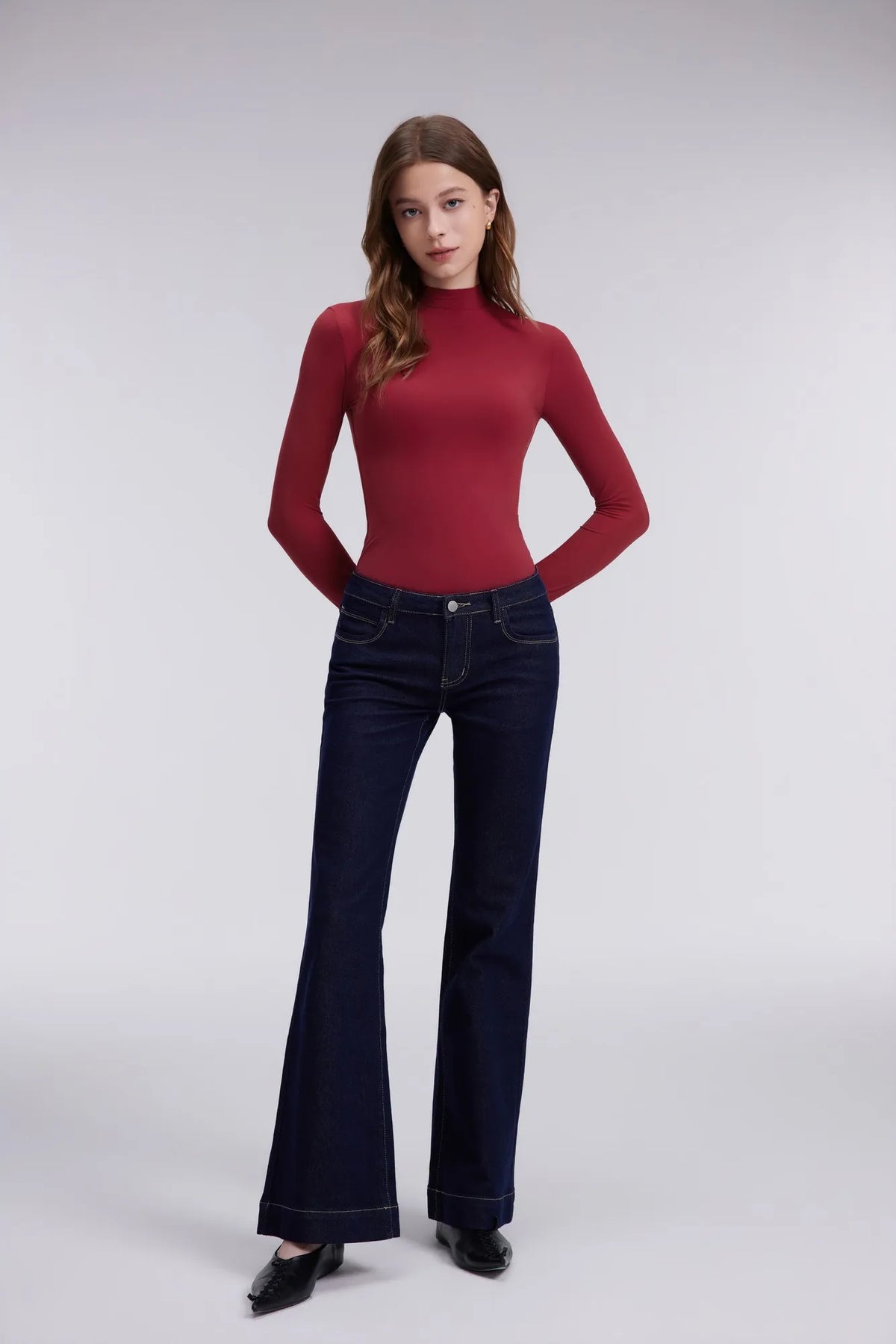 Mock Neck Double Layer Tops - Long Sleeve