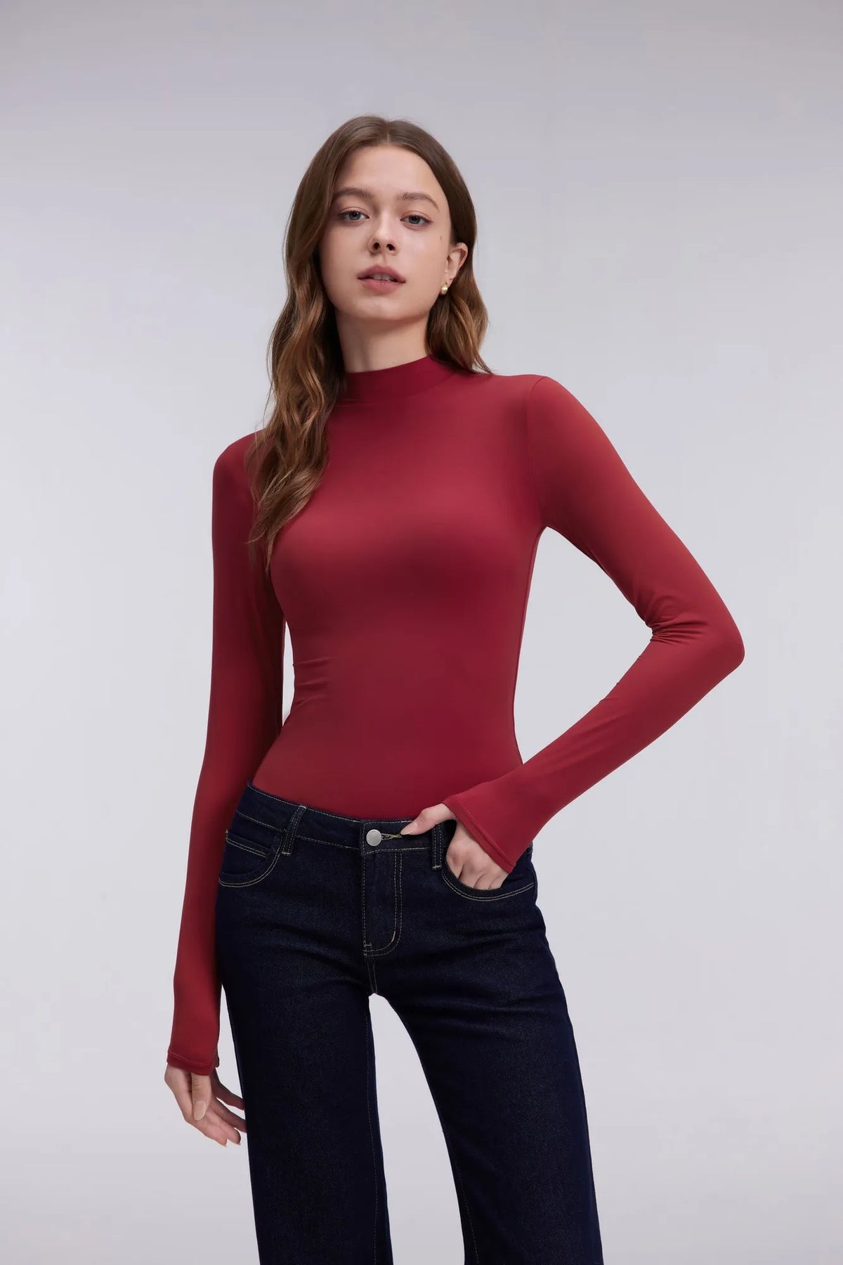 Mock Neck Double Layer Tops - Long Sleeve