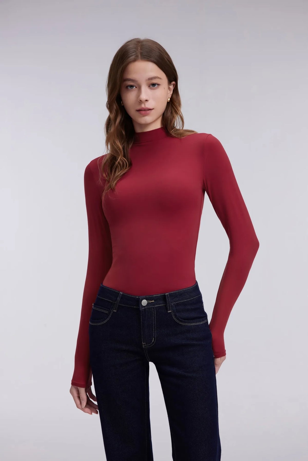 Mock Neck Double Layer Tops - Long Sleeve