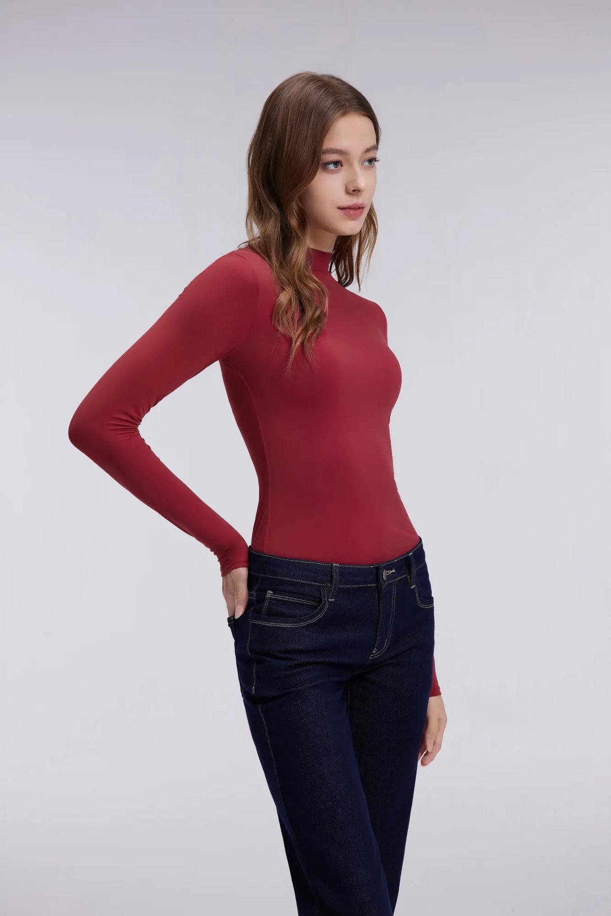 Mock Neck Double Layer Tops - Long Sleeve
