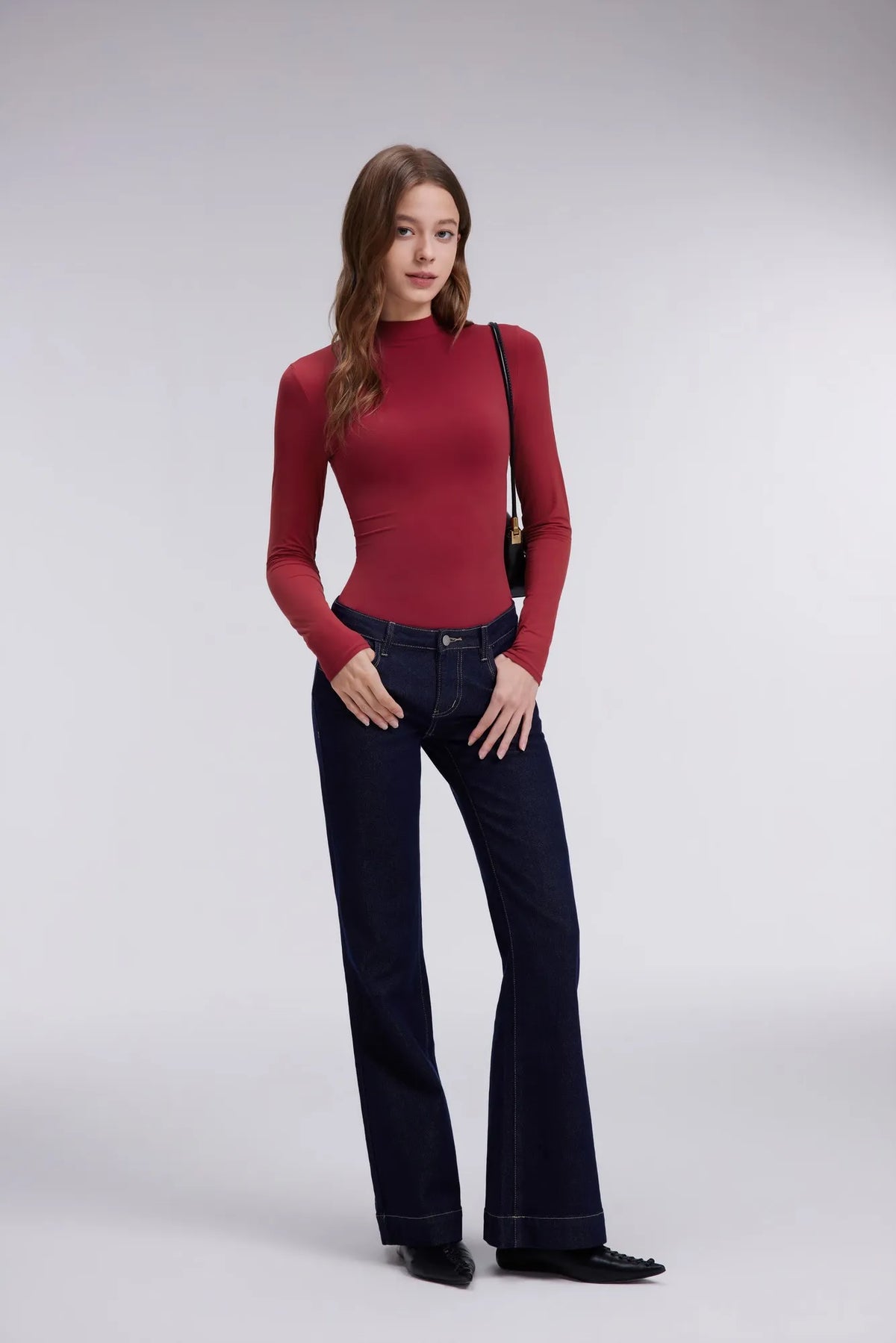 Mock Neck Double Layer Tops - Long Sleeve