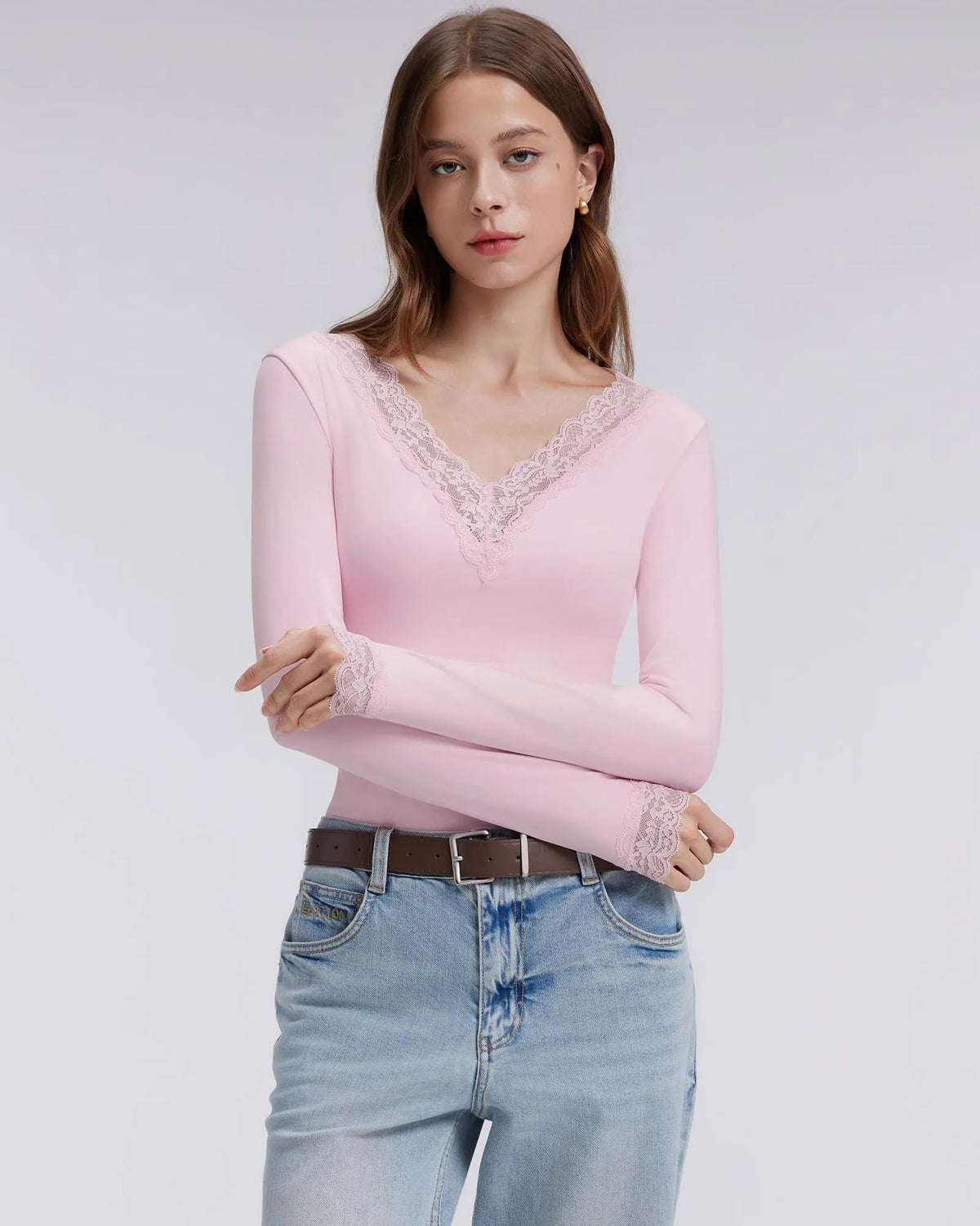 Sexy V Neck Lace Shirt - Long Sleeve