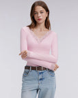 Sexy V Neck Lace Shirt - Long Sleeve