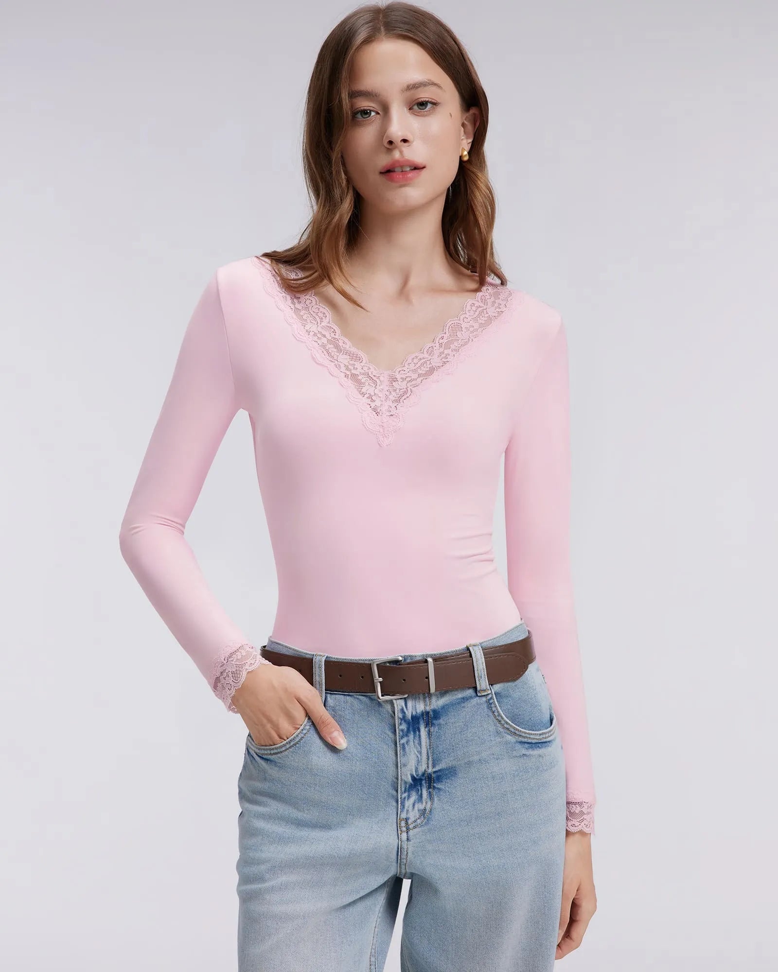 Sexy V Neck Lace Shirt - Long Sleeve