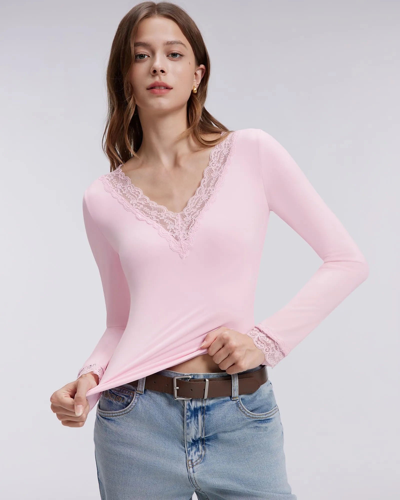 Sexy V Neck Lace Shirt - Long Sleeve